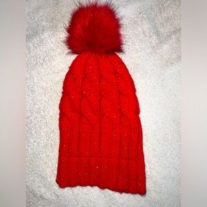Gertex Women's Red Cable Knit Hat With Pom and Gold Metallic Thread One Size